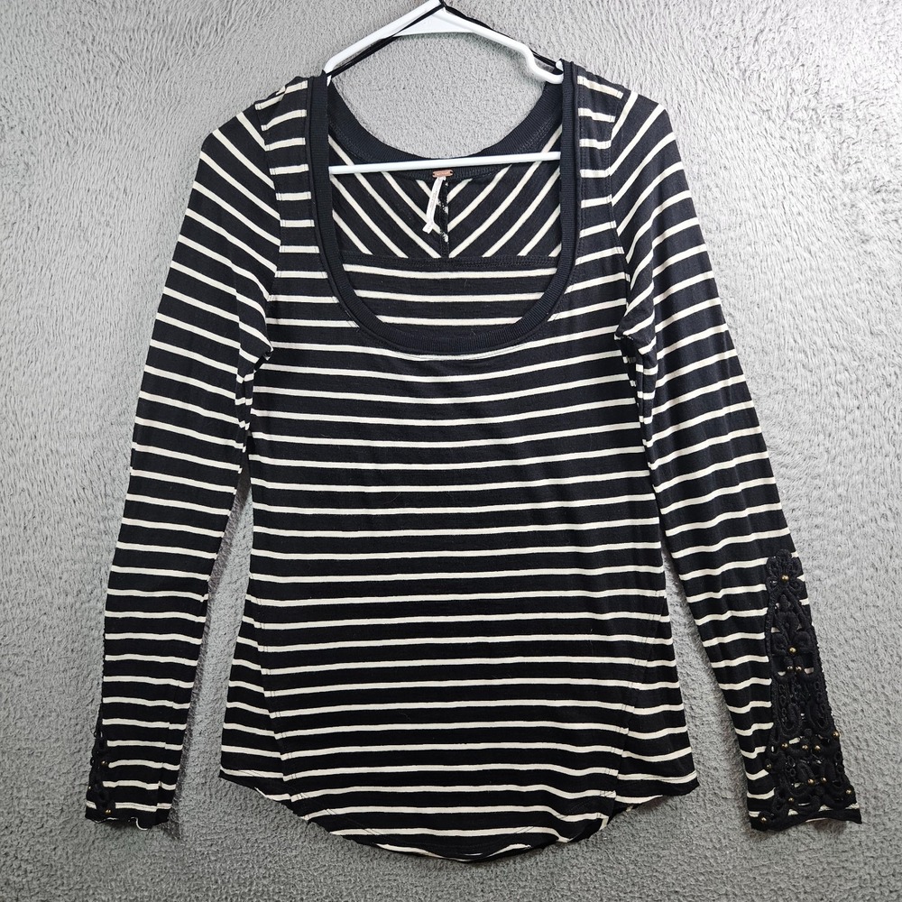 Free People Top Women Medium Scoop Neck Long Lace Sleeve White Black Striped